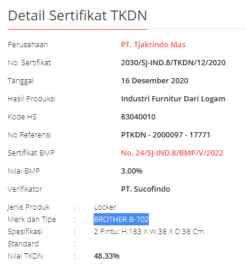 certificate TKDN lemari brother B 702
